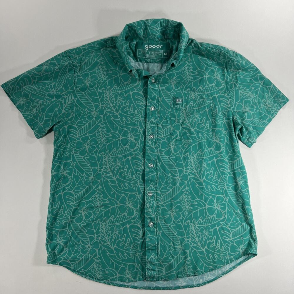 Goodr Shirt Tropical Floral Hawaiian Button Mens M Blue Plants Leafs AOP